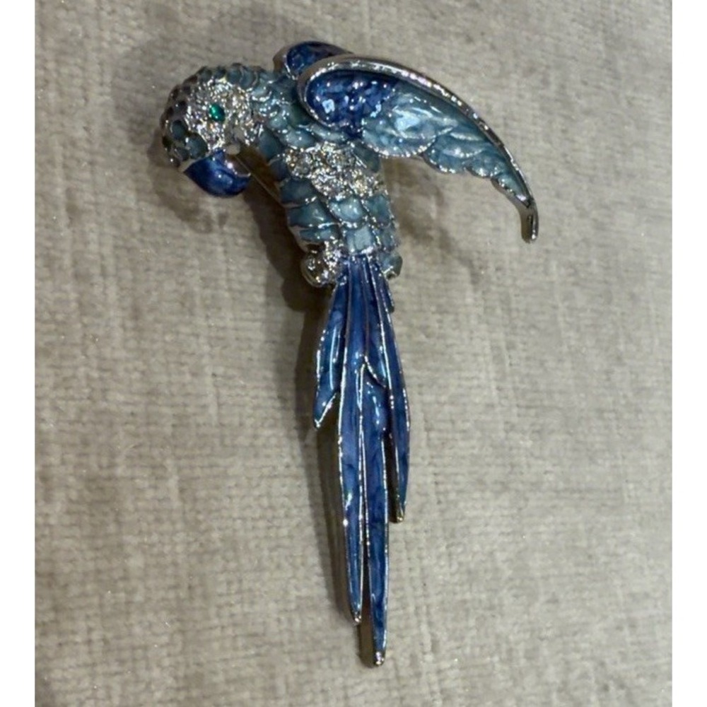 Blue Parrot Macaw Bird Brooch Pin Enamel Rhinestone Crystal Statement Jewelry